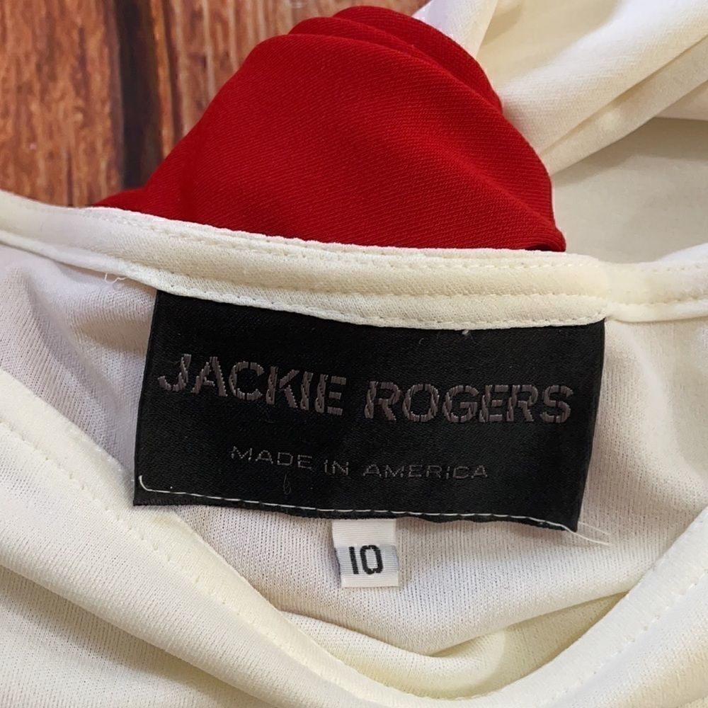 Jackie Rogers Grecian Style Cream maxi Dress, red waist band, neck tie, Medium - Picture 12 of 13